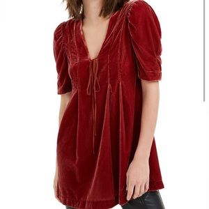 Free People Adele Velvet Tunic Dress in Burgundy - Size S